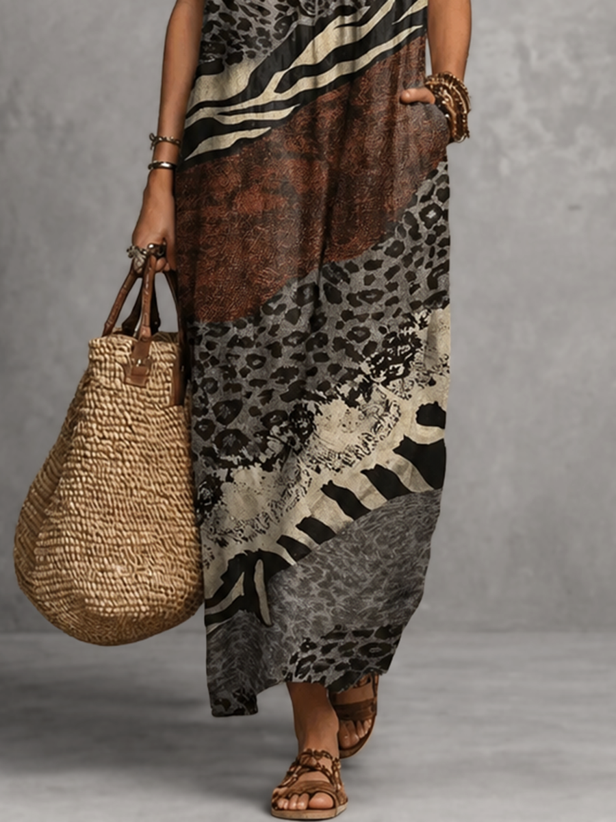 Ruffled Printed Pockets Sleeveless Loose V-Neck Maxi Dresses