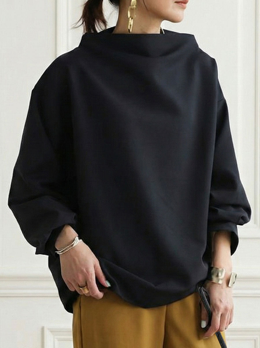Solid Color Loose Long Sleeves High-neck Sweatershirt
