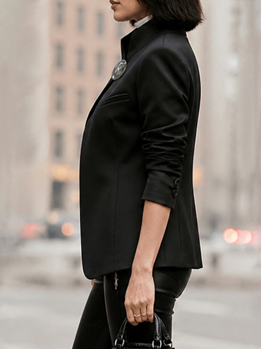 Solid Color Buttoned Asymmetric Three-quarter Sleeves Stand Collar Outerwear