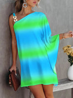 Batwing Sleeves Loose Color-Block Hollow Printed One-shoulder Mini Dresses Short Dresses