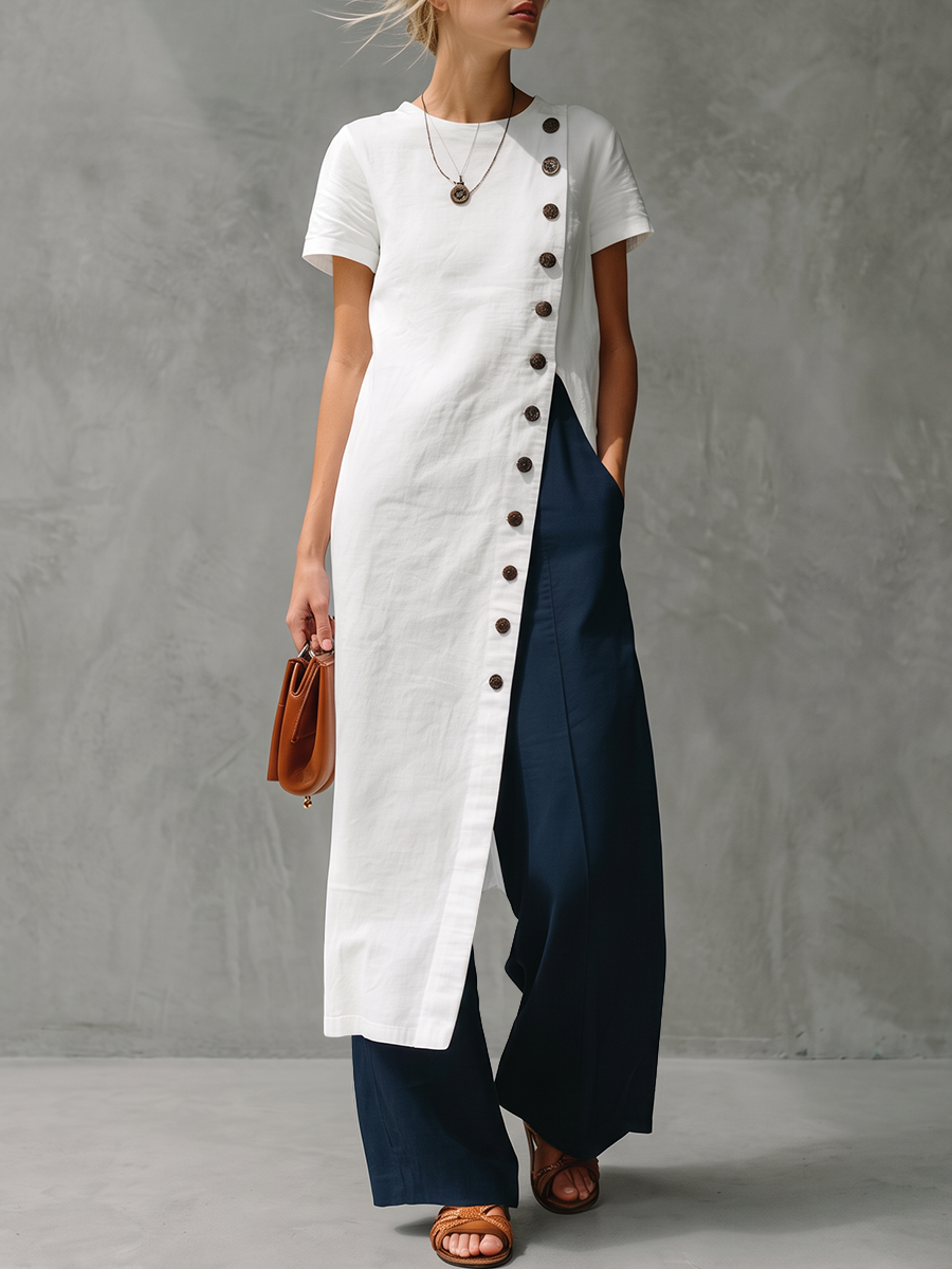 Split-front Solid Color Buttoned Asymmetric Short Sleeves Loose Round-neck Blouses&shirts Tops