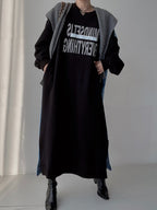 Original Loose Long Sleeves Letter Print Split-Side Split-Joint Round-Neck Midi Dresses