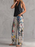 Pockets Graffiti Printed Contrast Color Buttoned Wide Leg High Waisted Trousers Pants