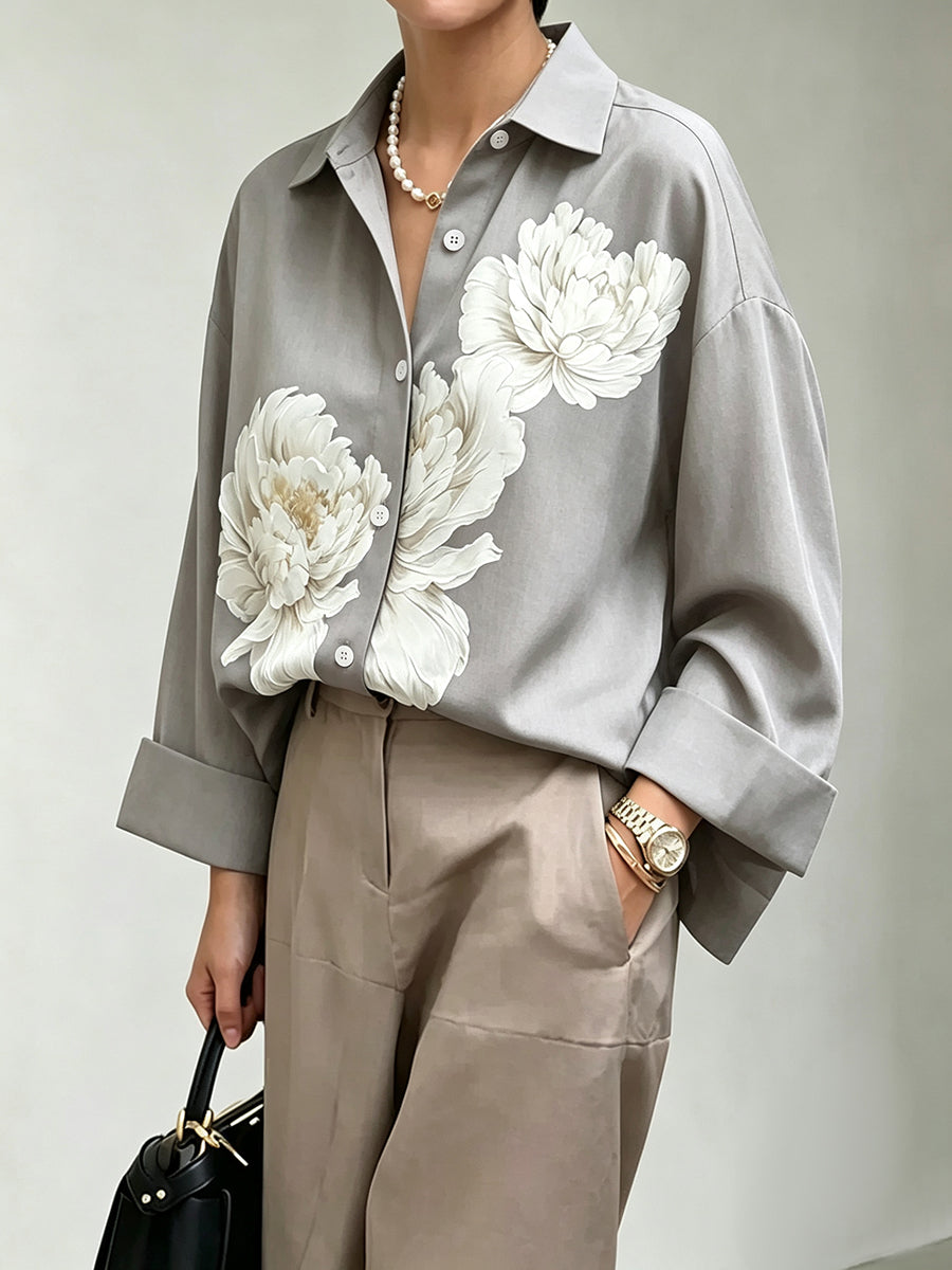 Flower Print Buttoned Loose Long Sleeves Lapel Blouses&shirts Tops