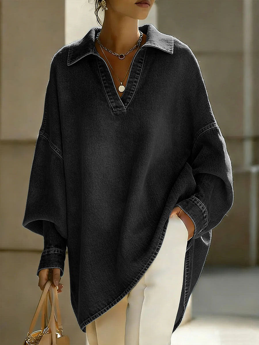 Solid Color Buttoned Loose Long Sleeves V-Neck Blouses&Shirts Tops