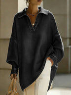 Solid Color Buttoned Loose Long Sleeves V-Neck Blouses&Shirts Tops
