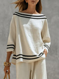 Striped Contrast Color Three-quarter Sleeves Loose Boat Neck Blouses&shirts Tops