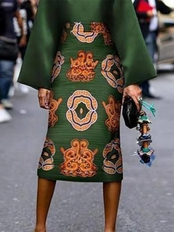 Long Sleeves Printed Round-Neck Midi Dresses