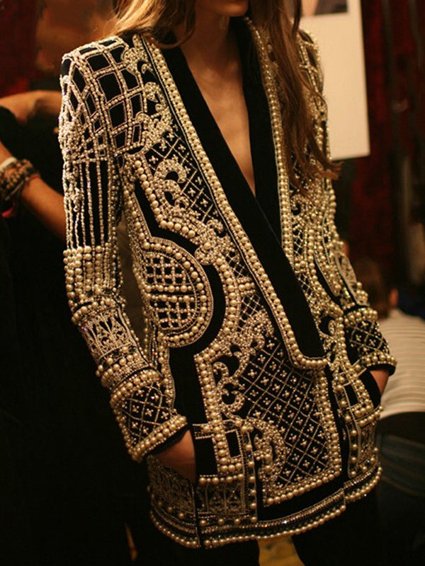 Long Sleeves Loose Beads Printed V-Neck Blazer Outerwear(Size is larger than normal.)