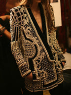 Long Sleeves Loose Beads Printed V-Neck Blazer Outerwear(Size is larger than normal.)