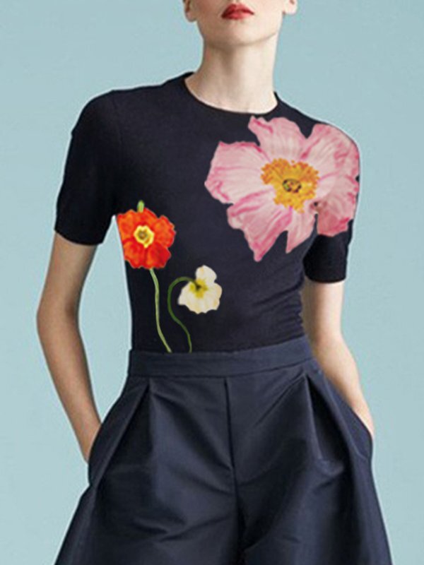 Short Sleeves Skinny Floral Printed Split-Joint Round-Neck T-Shirts