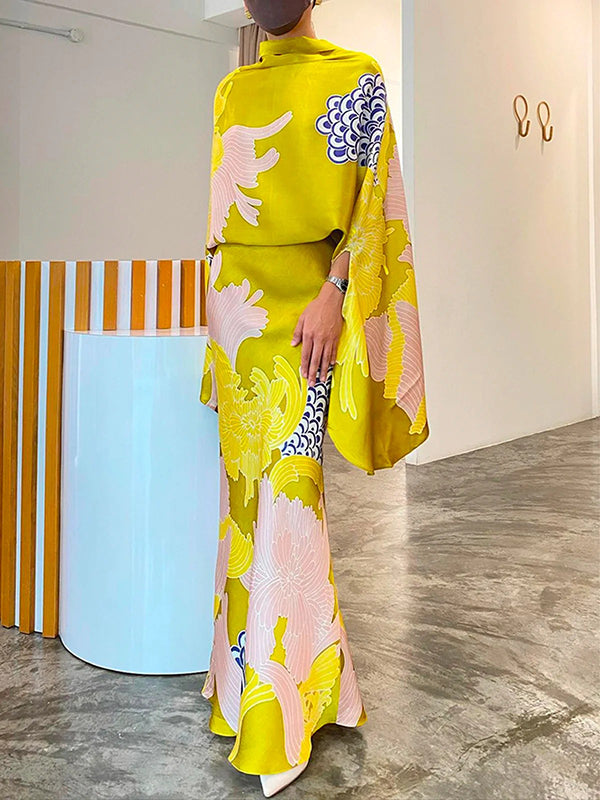 Batwing Sleeves Half Sleeves Flower Print Mock Neck Blouses&Shirts Tops