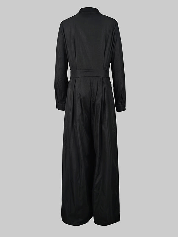 Solid Color No Belt Buttoned Wide Leg Loose V-neck Jumpsuits