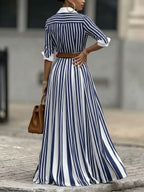 A-Line Loose Buttoned Contrast Color No Belt Striped Lapel Maxi Dresses