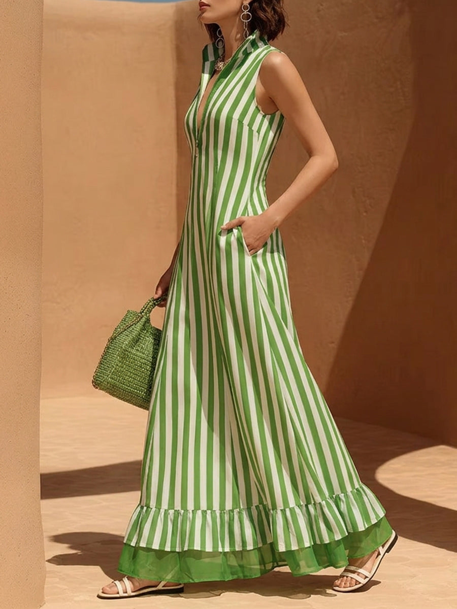 Zipper Striped Split-Joint Ruffled Pockets Contrast Color Sleeveless Loose Stand Collar Maxi Dresses