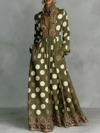 Polka-Dot Pockets Pleated Contrast Color Buttoned Big Hemline Puff Sleeves Loose Stand Collar Maxi Dresses
