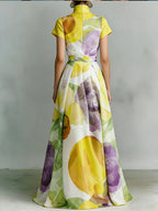 A-Line Loose Pleated Pockets Printed Zipper Stand Collar Maxi Dresses