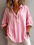 Long Sleeves Loose Buttoned Contrast Color Striped Lapel Blouses&Shirts Tops