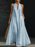 A-Line Loose Pockets Solid Color V-Neck Maxi Dresses
