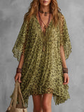 Batwing Sleeves Half Sleeves Asymmetric Contrast Color Leopard Ruffle Trim See-Through Deep V-Neck Mini Dresses