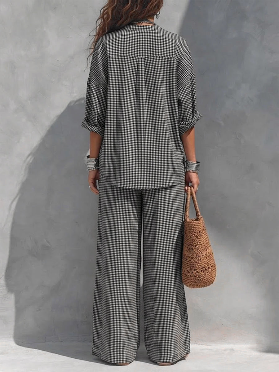 Pockets Plaid Contrast Color Buttoned Three-quarter Sleeves Loose V-neck Blouses&shirts Tops