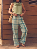 Pockets Plaid Contrast Color Wide Leg Loose Trousers Pants