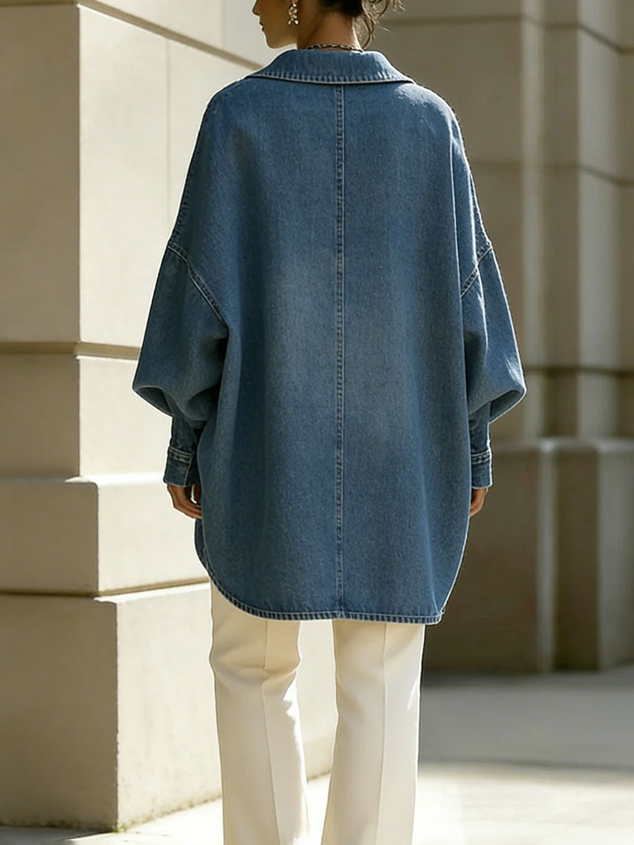 Solid Color Buttoned Loose Long Sleeves V-Neck Blouses&Shirts Tops