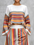 Striped Contrast Color Colorful Long Sleeves Flared Sleeves Round-neck Blouses&shirts Tops