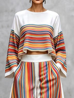 Striped Contrast Color Colorful Long Sleeves Flared Sleeves Round-neck Blouses&shirts Tops