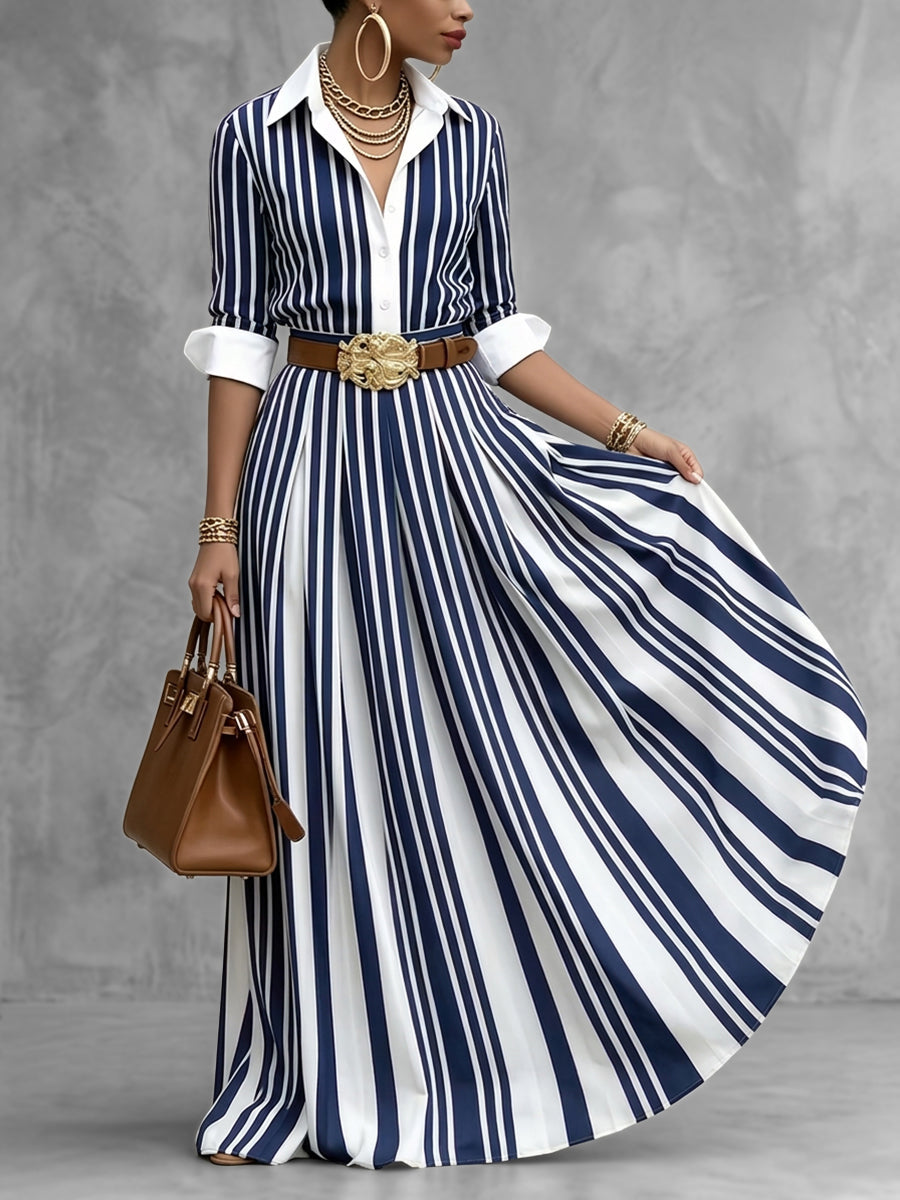 A-Line Loose Buttoned Contrast Color No Belt Striped Lapel Maxi Dresses