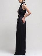 Split-Joint Pockets Pleated Flower Print Contrast Color Buttoned Wide Leg Sleeveless One-shoulder Jumpsuits