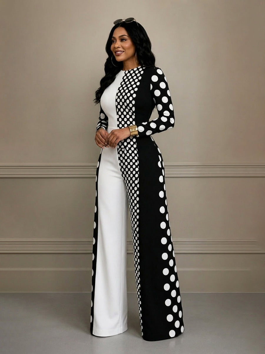 Zipper Split-Joint Polka-Dot Contrast Color Long Sleeves High Waisted Round-neck Jumpsuits