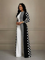 Zipper Split-Joint Polka-Dot Contrast Color Long Sleeves High Waisted Round-neck Jumpsuits