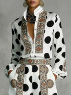Long Sleeves Loose Buttoned Contrast Color Polka Dot Printed Stand Collar Blouses&Shirts Tops