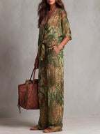 Half Sleeves Loose Contrast Color Knot Leopard Printed See-Through Deep V-Neck Blouses&Shirts Tops