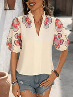 Loose Puff Sleeves Contrast Color Flower Print Ruffle Trim Stand Collar Blouses&Shirts Tops