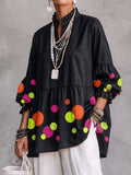 Split-Joint Ruffle Trim Polka-Dot Contrast Color Buttoned Three-quarter Sleeves Puff Sleeves Mock Neck Blouses&shirts Tops