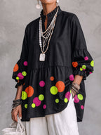 Split-Joint Ruffle Trim Polka-Dot Contrast Color Buttoned Three-quarter Sleeves Puff Sleeves Mock Neck Blouses&shirts Tops