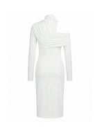 Asymmetric Pleated Solid Color Split-Front Split-Joint Split-Side High Neck Midi Dresses