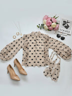 Long Sleeves Loose Buttoned Elasticity Polka-Dot Ruffle Trim See-Through V-Neck Blouses&Shirts Tops