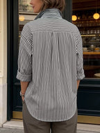 Striped Split-Joint Contrast Color Buttoned Loose Long Sleeves Lapel Blouses&shirts Tops