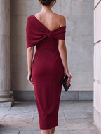 Split-front Solid Color Backless Short Sleeves Plus Size One-shoulder Midi Dresses