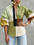 Tied Split-Joint Elasticity Contrast Color Buttoned Three-quarter Sleeves Puff Sleeves Lapel Blouses&shirts Tops