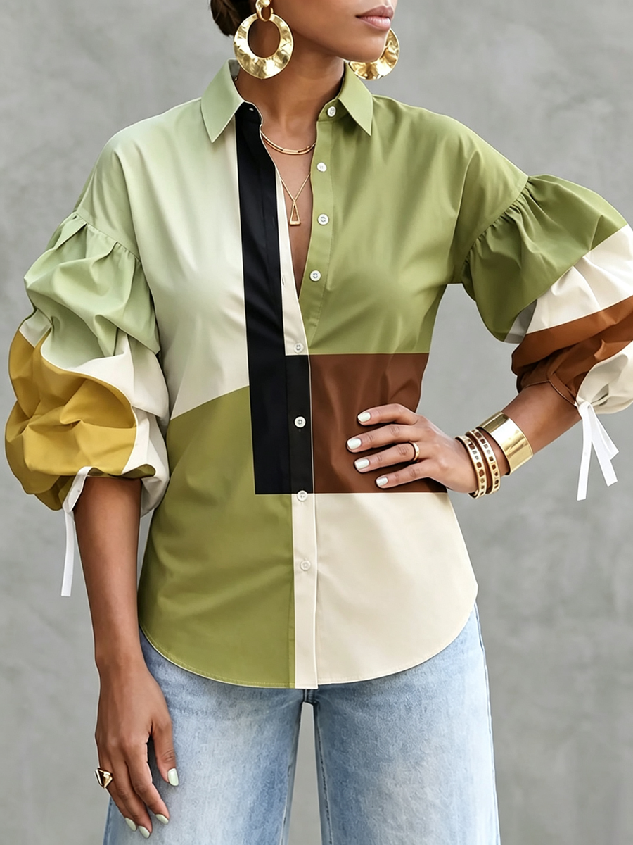 Tied Split-Joint Elasticity Contrast Color Buttoned Three-quarter Sleeves Puff Sleeves Lapel Blouses&shirts Tops