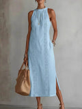 Sleeveless High-Waisted Pockets Printed Solid Color Halter-Neck Midi Dresses