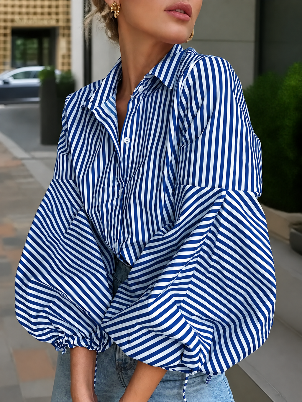 Striped Split-Joint Drawstring Buttoned Puff Sleeves Loose Lapel Blouses&shirts Tops