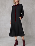 Velvet Split-Joint Pockets Pleated Contrast Color Buttoned Loose Long Sleeves Lapel Midi Dresses