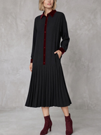 Velvet Split-Joint Pockets Pleated Contrast Color Buttoned Loose Long Sleeves Lapel Midi Dresses