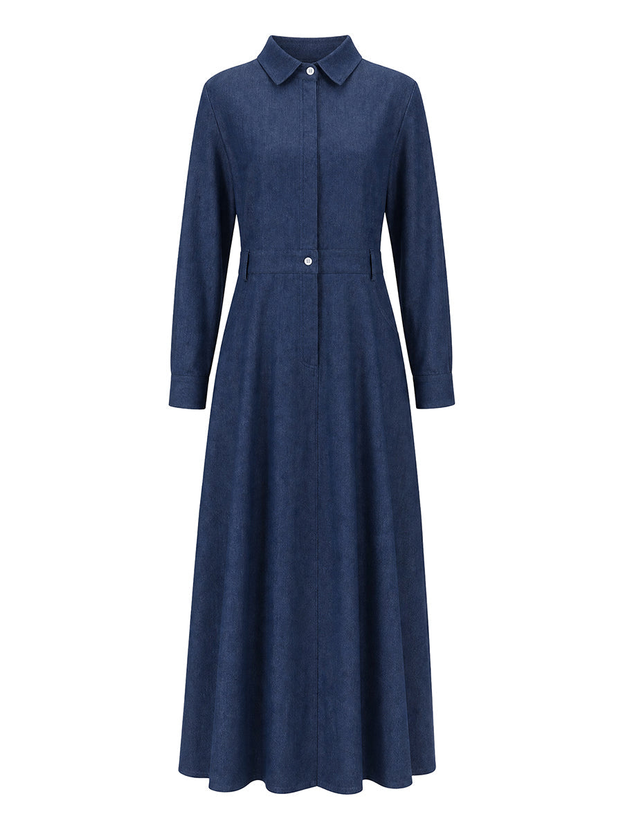 Split-Joint Solid Color Pockets Buttoned Long Sleeves High Waisted Lapel Maxi Dresses