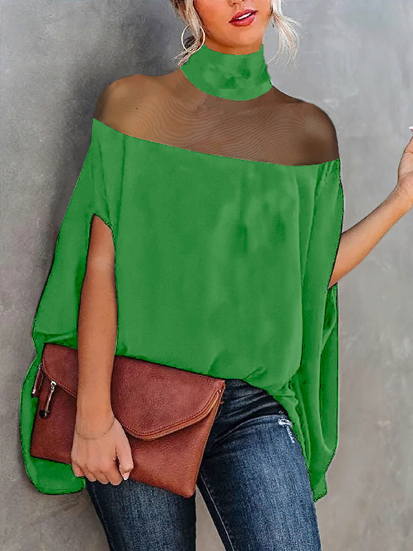 See-Through Batwing Sleeves High-neck Blouses&shirts Tops